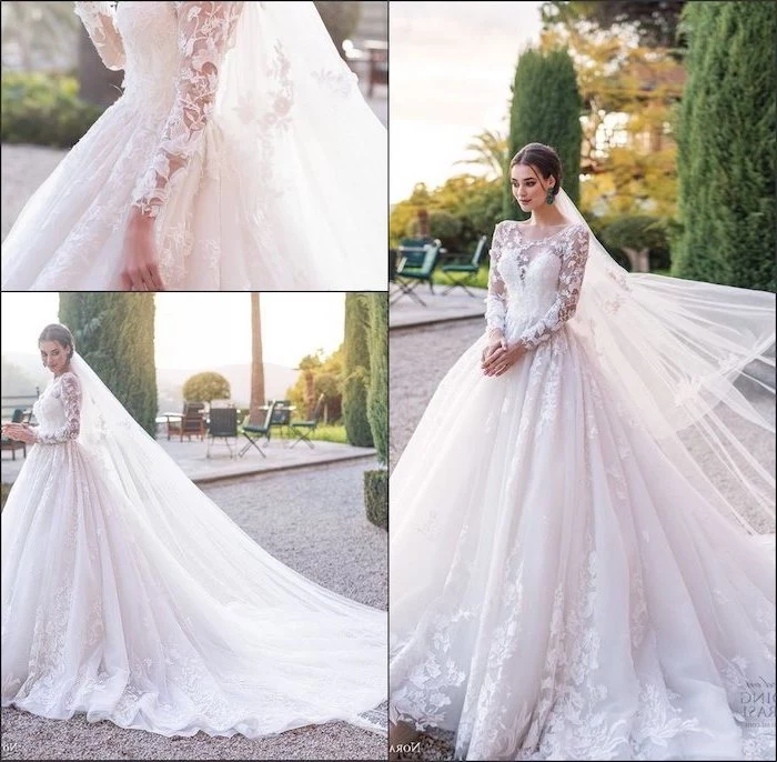 photo collage, side by side photos, lace wedding dress with cap sleeves, long tulle train, lace and chiffon
