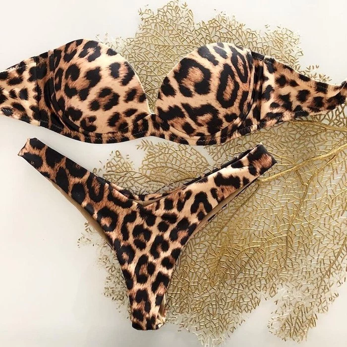 leopard print, strapless top, high waisted thing, kids bathing suits, golden leaf decoration