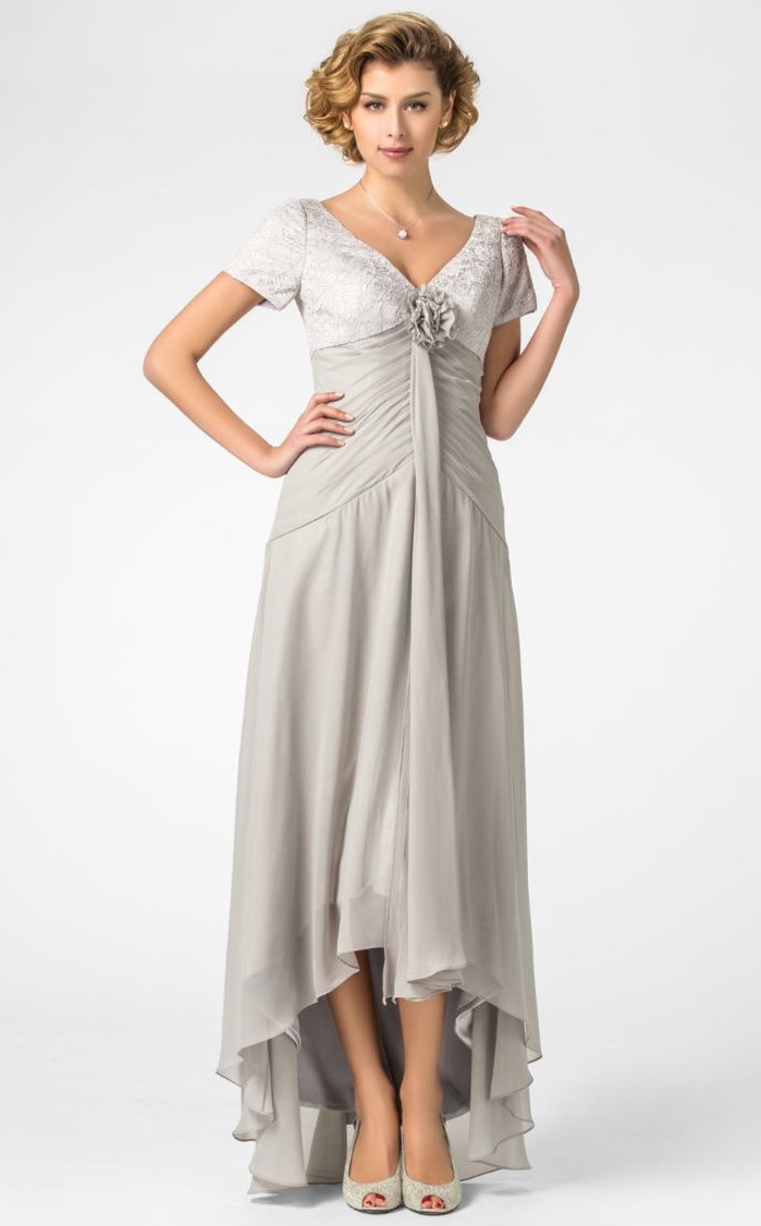 mother of the bride dresses with jackets, asymmetrical dress, made of chiffon, short sleeves, blonde short hair