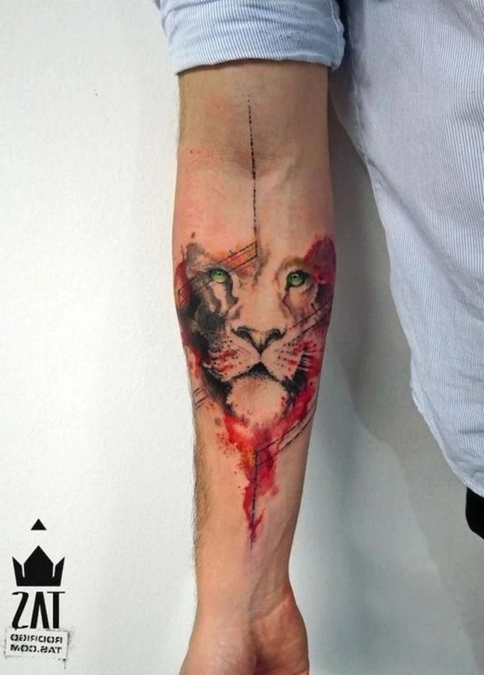 lion head, watercolor forearm tattoo, small colorful tattoos, blue and white striped shirt