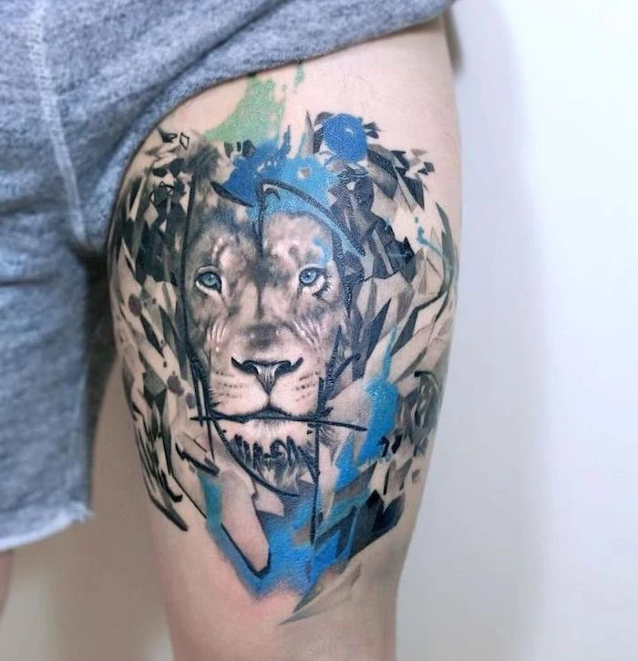 lion head, watercolor thigh tattoo, small colorful tattoos, grey shorts, white background