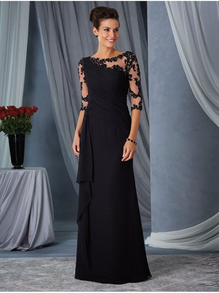 black chiffon, lace sleeves, quarter sleeves, mother of the bride dresses with jackets, black hair