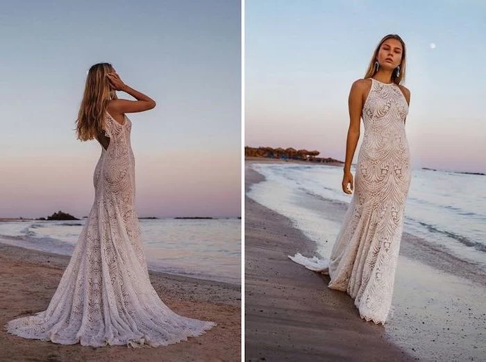 long mermaid lace dress, long blonde wavy hair, beach informal wedding dresses, jewel neckline