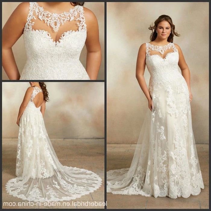 photo collage, beach wedding gowns, long lace train, lace corset, sweetheart neckline