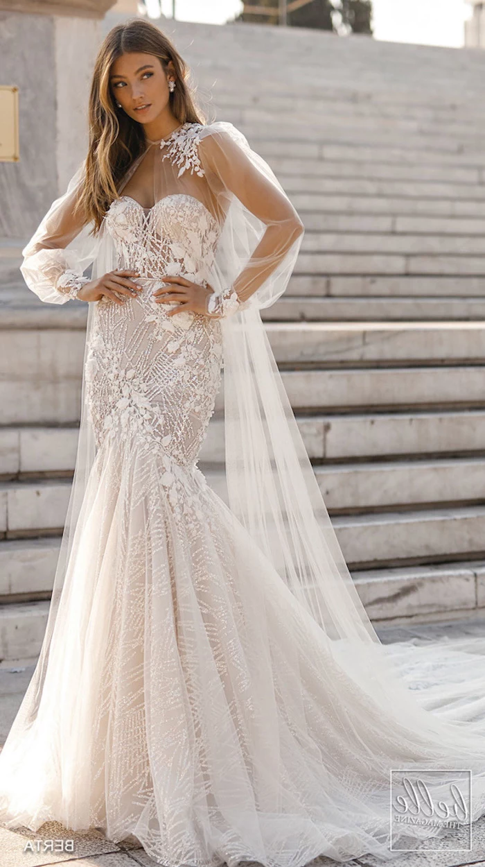 marble staircase, long brown hair, satin wedding dresses, lace dress, chiffon train