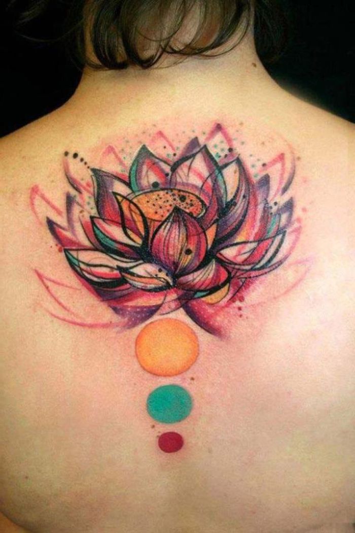 lotus flower, small colorful tattoos, watercolour back tattoo, brown hair