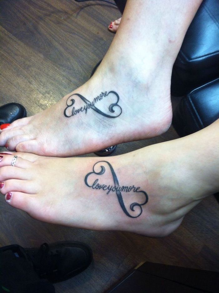 love you more, small mother daughter tattoos, wooden floor, leg tattoos, infinity symbols
