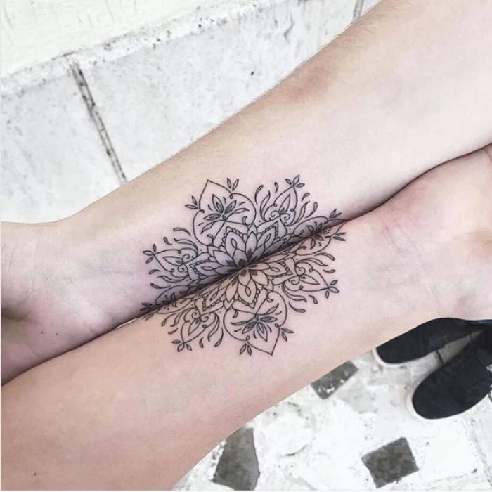 mandala flower, split in two, forearm tattoos, friendship tattoo ideas, white background