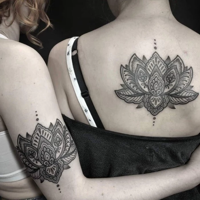 mandala lotus flower, back tattoo, arm tattoo, friendship tattoo ideas, black background