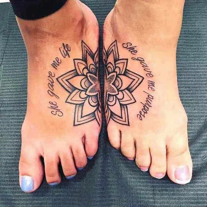 mandala tattoos, she gave me life, she gave me purpose, small mother daughter tattoos, leg tattoos