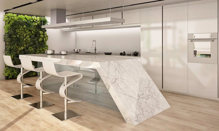 marble countertop, kitchen island, white bar stools, wooden floor, green wall, kitchen remodeling