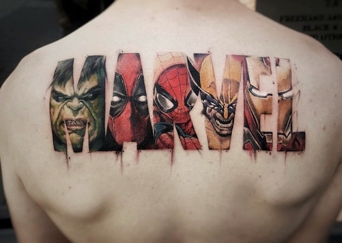 marvel characters inspired, back tattoo, hulk and deadpool, spider man, wolverine and iron man, watercolor lion tattoo