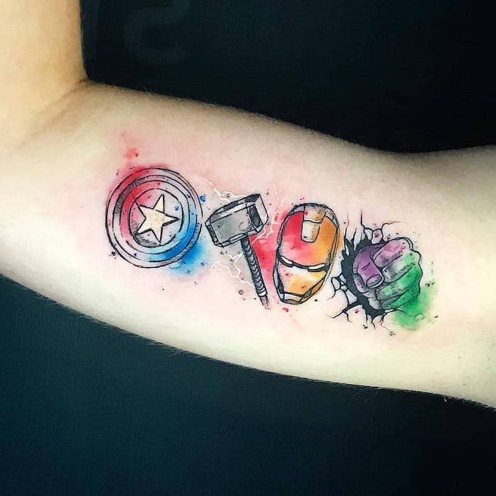 watercolor rose tattoo, marvel characters inspired, captain america, iron man, thor and hulk, inside arm tattoo