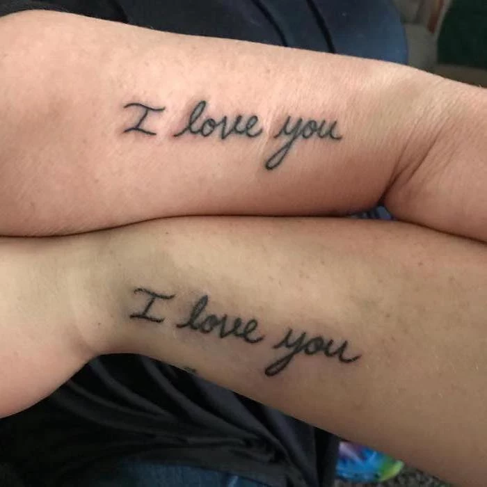 i love you, matching tattoos, small mother daughter tattoos, side arm tattoos