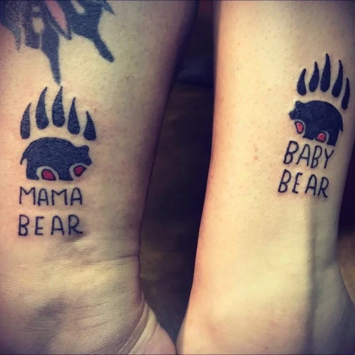mama bear, baby bear, small mother daughter tattoos, leg tattoos