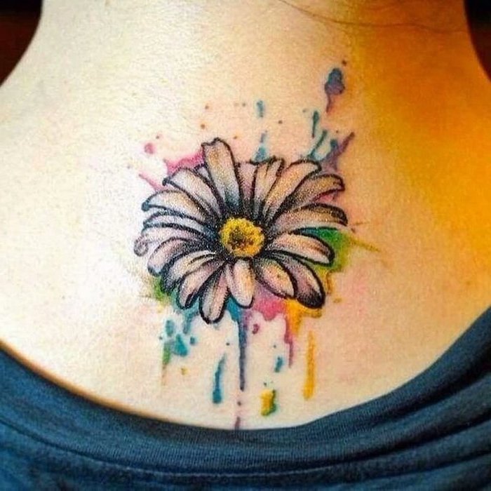 colorful daisy, watercolor lion tattoo, back tattoo, blue shirt