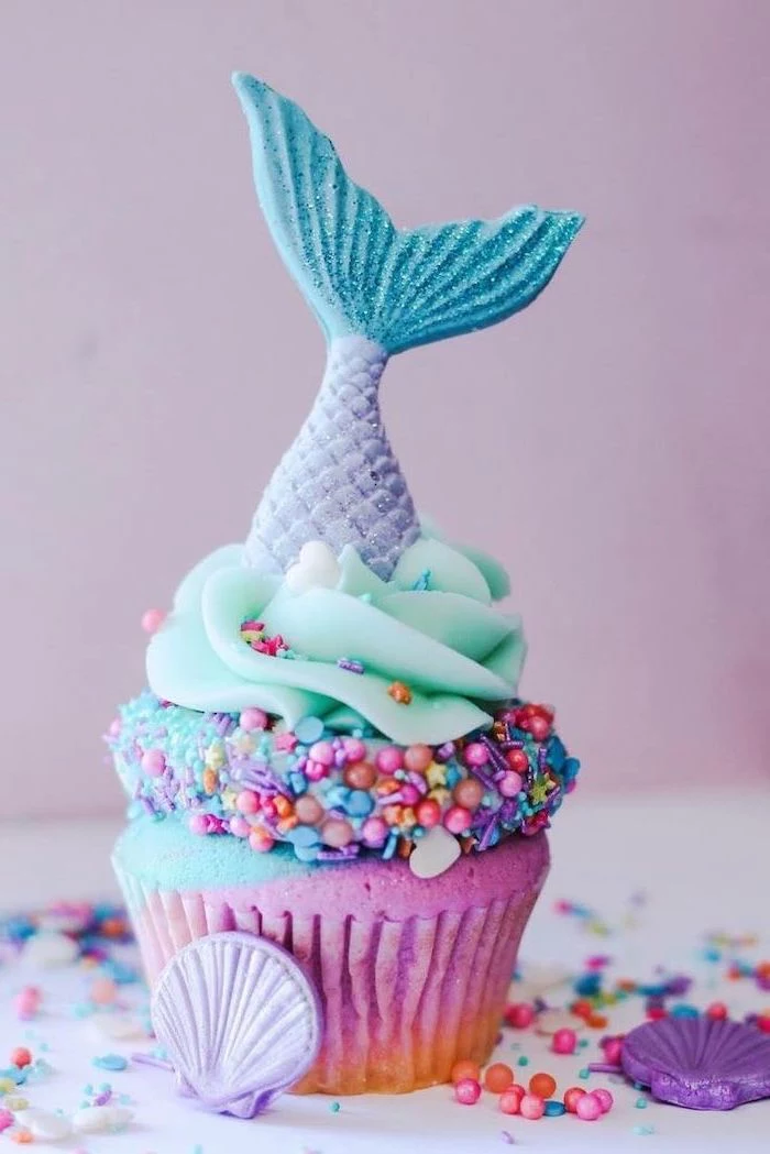mermaid cupcake, colourful sprinkles, purple seashells, what should i do for my birthday, purple background