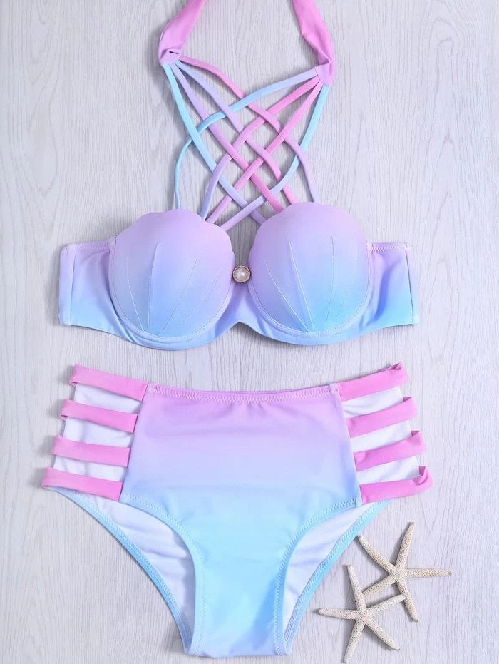 mermaid colours, pink blue purple ombre, high waisted bottom, kids bathing suits, wooden background