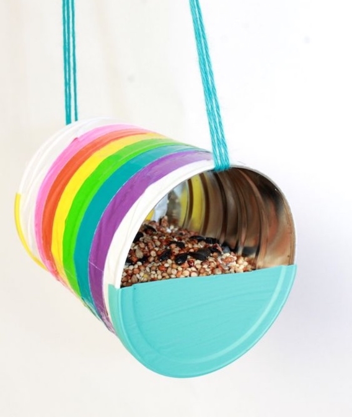 aluminium can, bird feeder, diy tutorial, diys for your room, painted in the colours of the rainbow