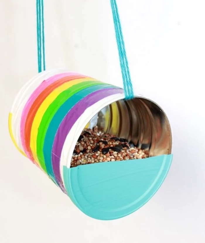 aluminium can, bird feeder, diy tutorial, diys for your room, painted in the colours of the rainbow