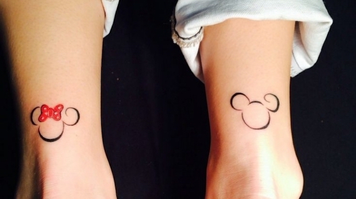 mickey and minnie mouse, ankle tattoos, cute simple tattoos, white jeans, black background