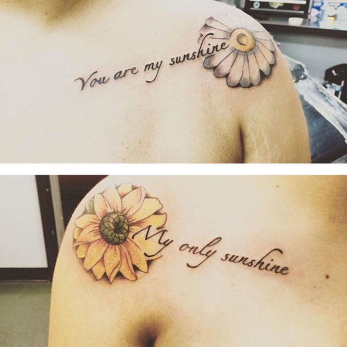 you are my sunshine, my only sunshine, mother daughter infinity tattoos, shoulder tattoos