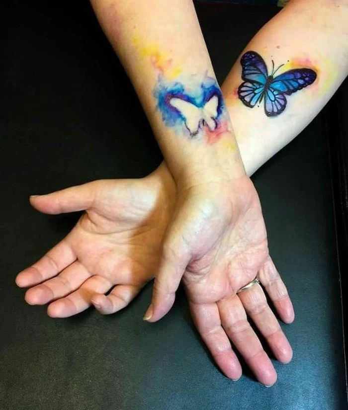 watercolor butterfly cutout, wrist tattoos, mother daughter infinity tattoos