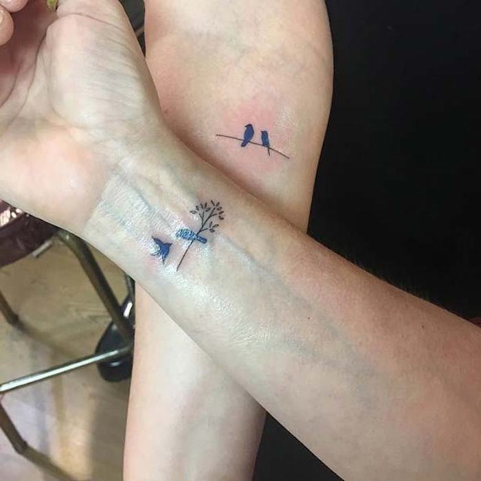 birds on tree branches, wrist tattoo, forearm tattoo, mother daughter infinity tattoos
