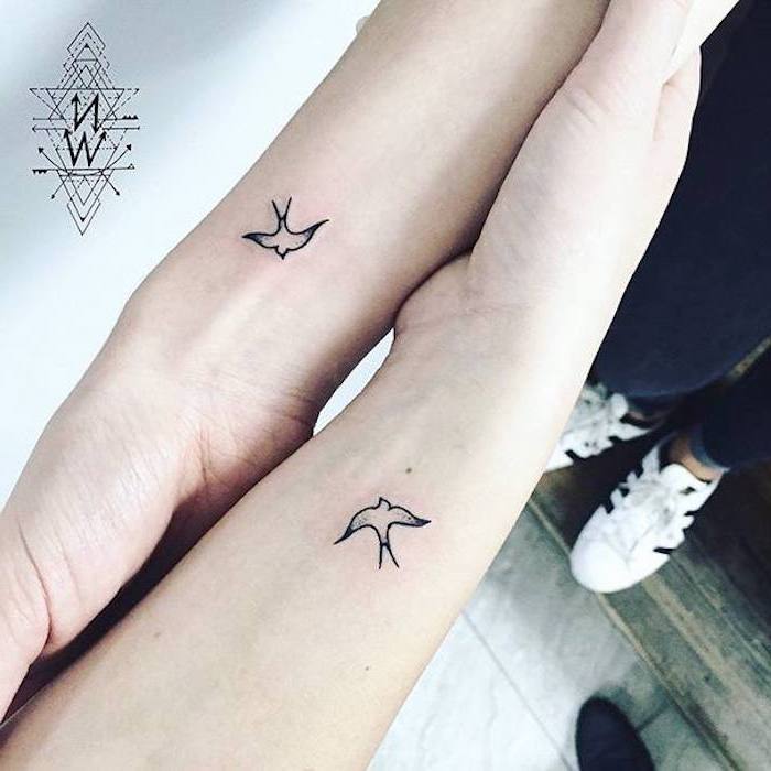 birds flying, matching tattoos, mother daughter infinity tattoos, side arm tattoos