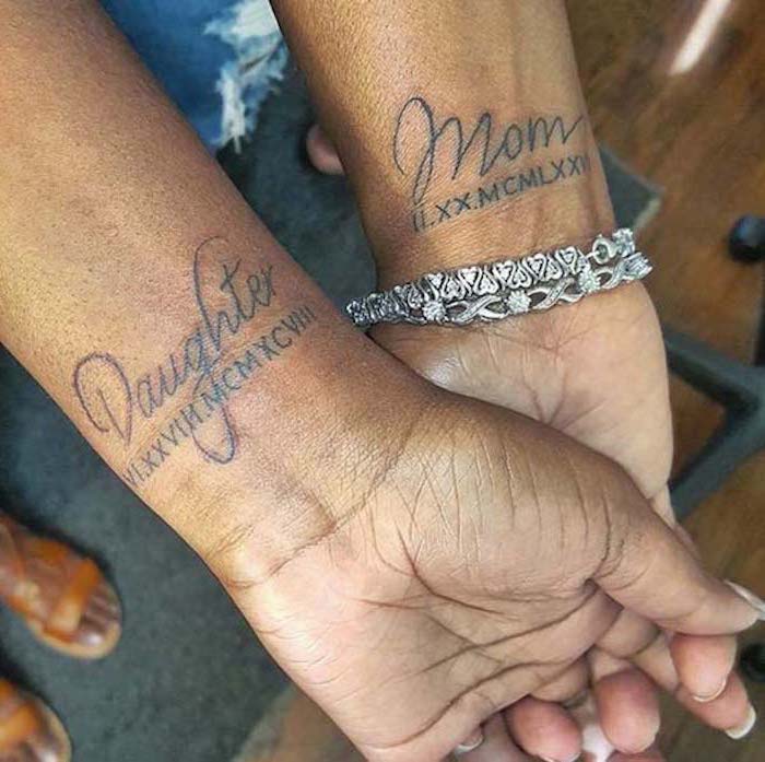 mother daughter tattoos on wrist, roman numerals, silver bracelets