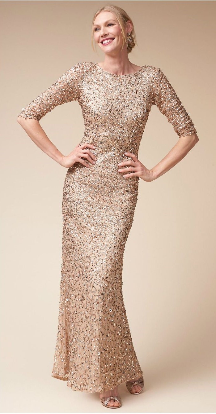 gold sequin dress, quarter sleeves, short mother of the bride dresses, blonde hair, in a low updo