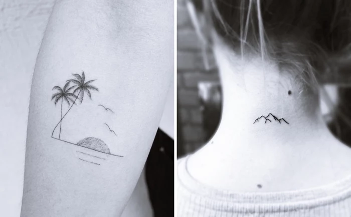mountain landscape, back tattoo, beach landscape forearm tattoo, cute simple tattoos