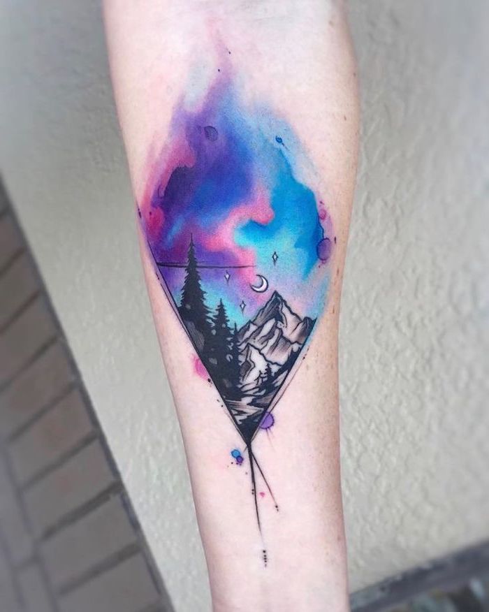 mountain landscape, galaxy sky, forearm tattoo, watercolor rose tattoo