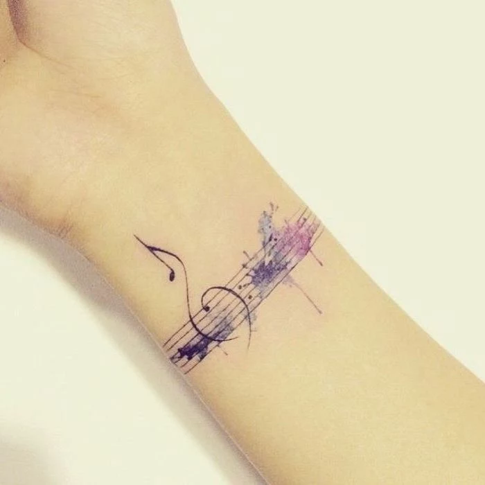 musical notes, wrist tattoo, white background, watercolor lion tattoo