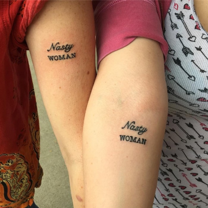 nasty woman, feminist message, small matching tattoos, forearm tattoo, inside arm tattoo