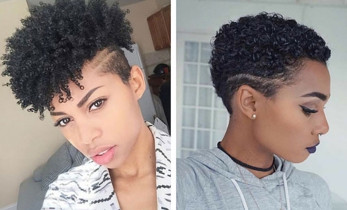 short curly hairstyles for black women, black hair, side by side photos, different hairstyles