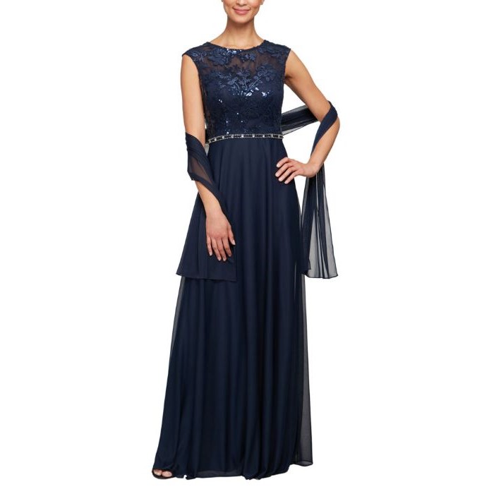 navy blue mother of the bride dress, dark blue chiffon skirt, lace top, chiffon scarf, white background