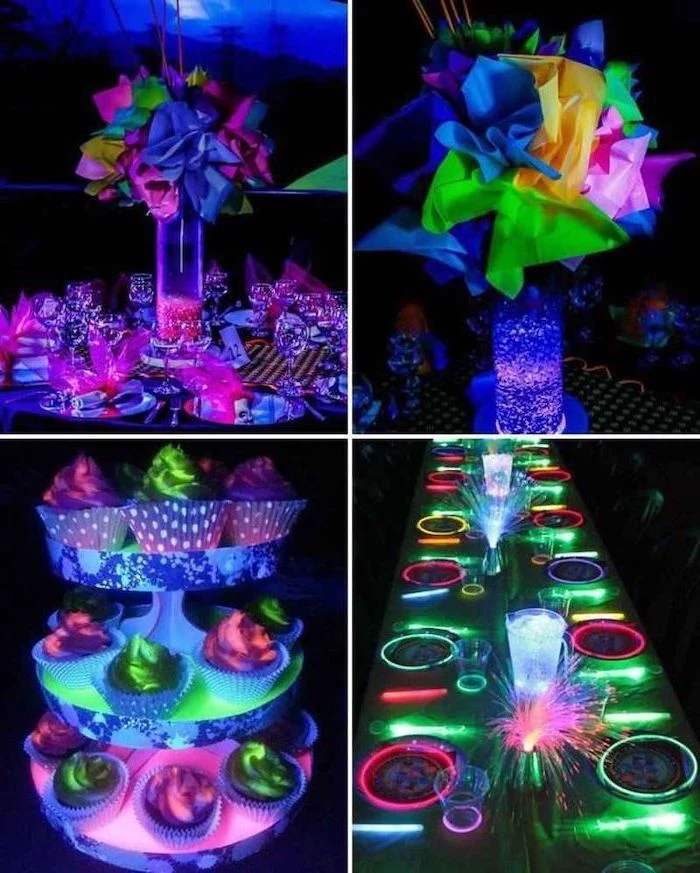 neon decorations, what should i do for my birthday, paper flower bouquets, neon napkins and cupcakes