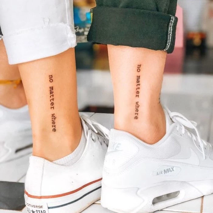 no matter where, ankle tattoos, white converse and nike sneakers, small matching tattoos