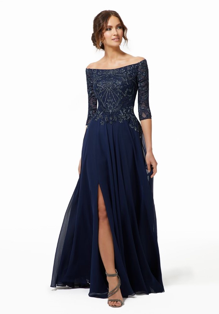 mother of the bride wedding dresses, lace top, chiffon skirt, navy blue, off the shoulder neckline