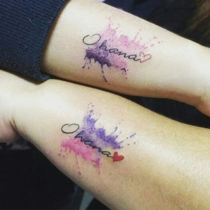 ohana watercolour tattoos, small hearts, small matching tattoos, side arm tattoos