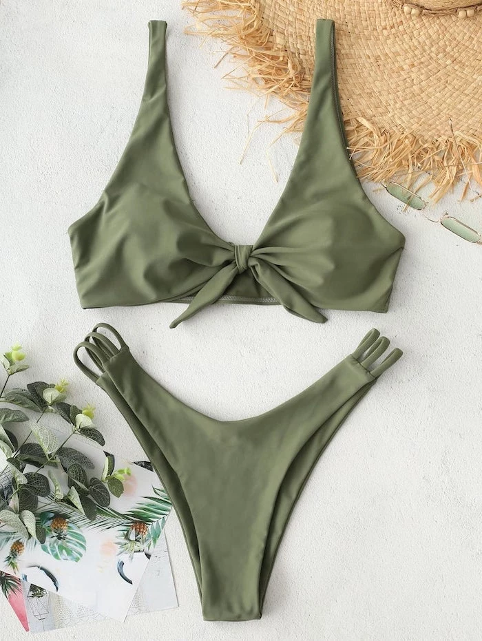 olive green, two piece, high waisted bottom, bathing suits for kids girls, straw hat