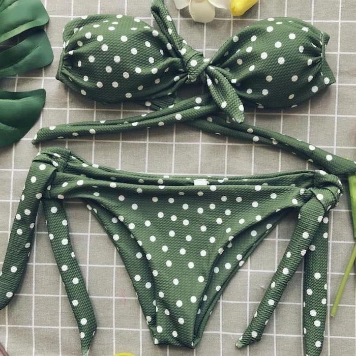 olive green, white dots, two piece, bathing suits for kid girls, grey background, strapless top
