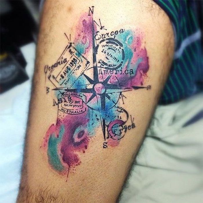 colourful compass, watercolor phoenix tattoo, thigh tattoo, continents names