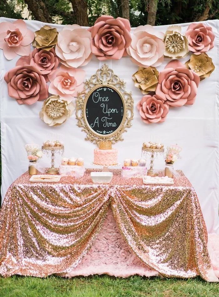 once upon a time, large paper roses, in pink and gold, teen birthday party ideas, rose gold sequins