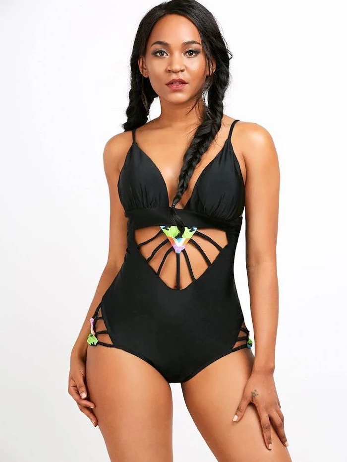 bathing suits for kids girls, black one piece, black straps, colourful patches, black braided hair