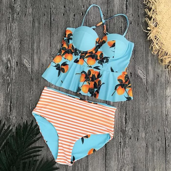 orange and white striped, high waisted bottom, blue with orange tree print top, big girl bathing suits