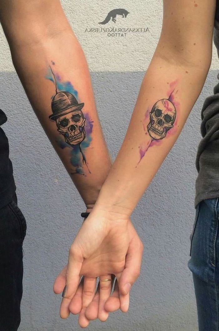 couples matching tattoos, two skulls, watercolor rose tattoo, couple holding hands