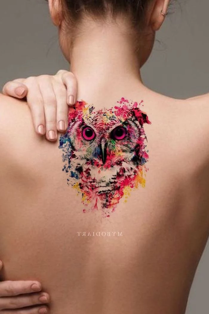 owl head, back tattoo, watercolor phoenix tattoo, brown hair