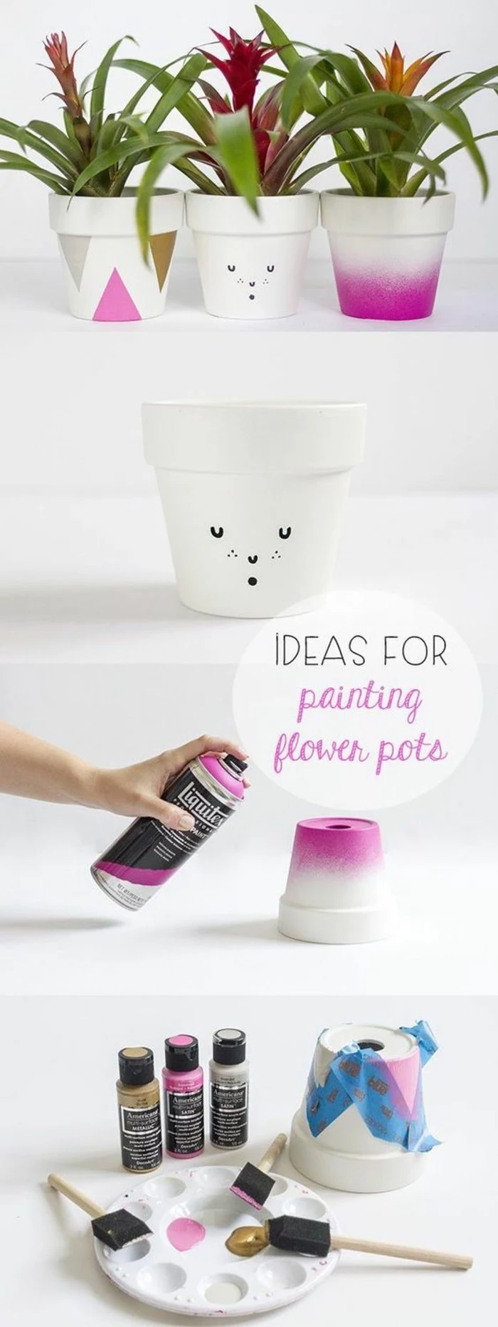 ideas for painting flower pots, ceramic pots, pink paint, fun crafts for teens